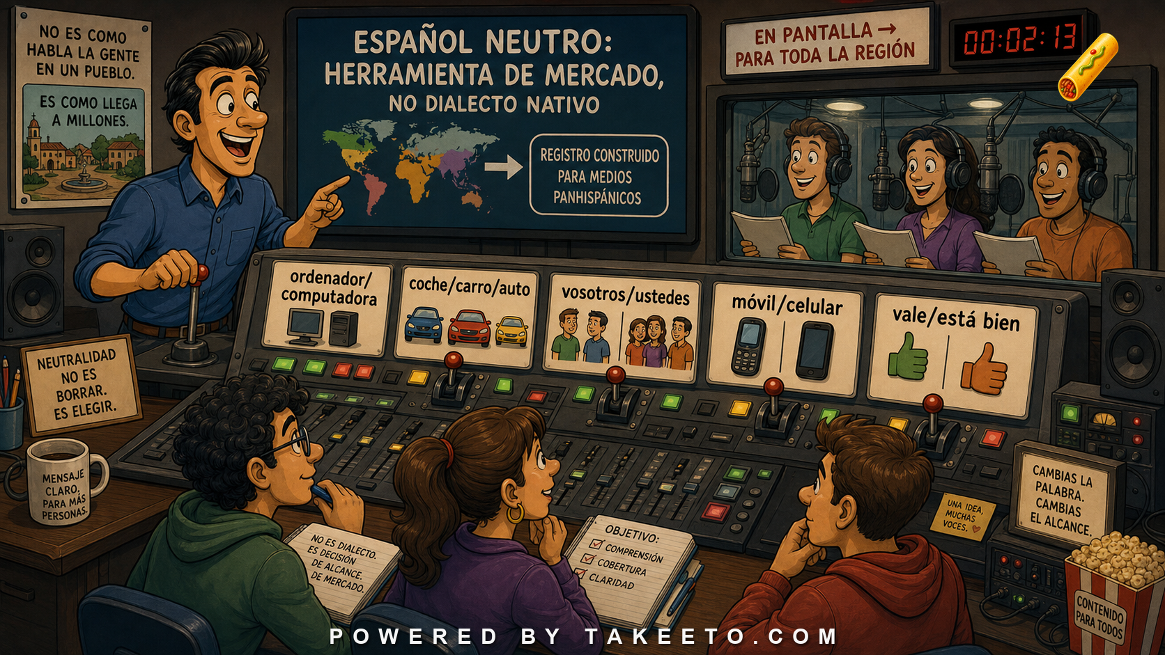 Comic Takeeto blog illustration for Neutral Spanish: Market Tool, Not Native Dialect, covering media & sociolinguistics.
