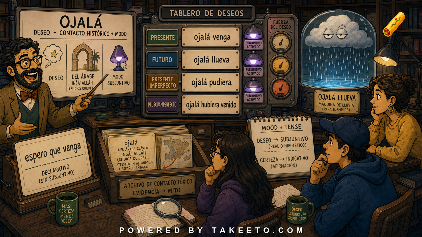 Comic Takeeto blog illustration for Ojalá: Desire, Arabic History, and Mood, covering mood & historical lexicon.