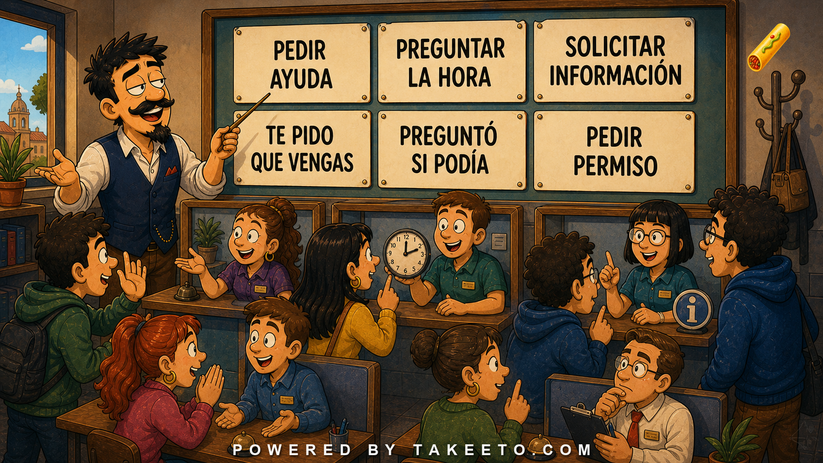 Comic Takeeto blog illustration for Pedir, Preguntar, Solicitar: Asking, Requesting, and Formality, covering verb semantics & register.