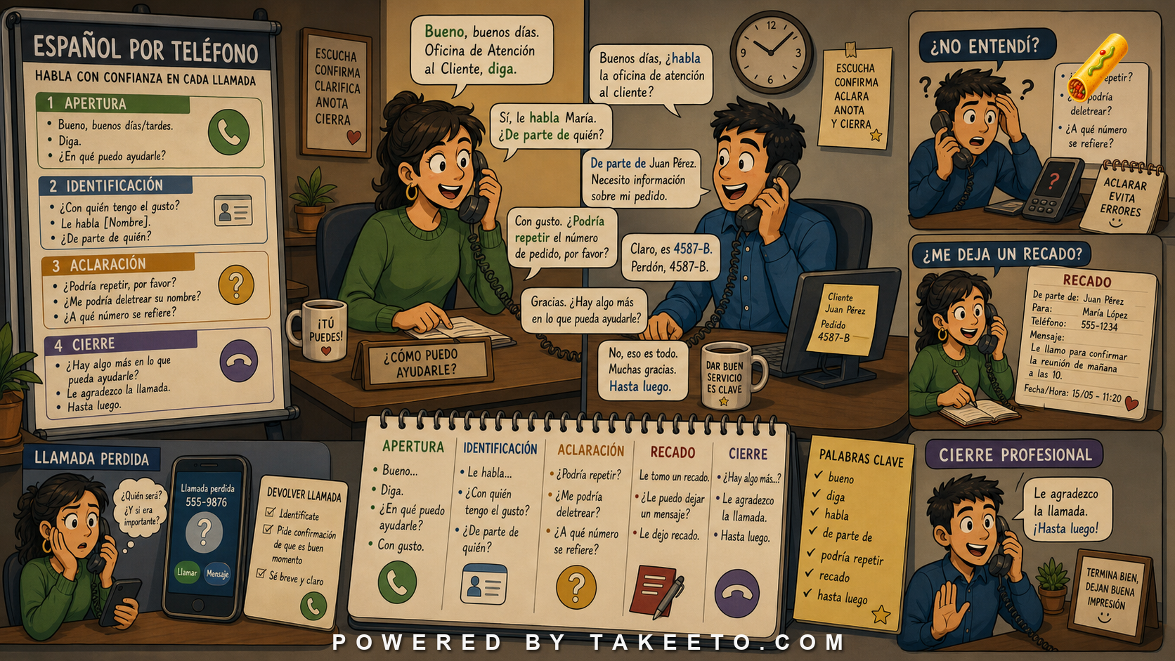 Comic Takeeto blog illustration for Phone Spanish: Openings, Identification, Clarification, and Closure, covering spoken pragmatics.