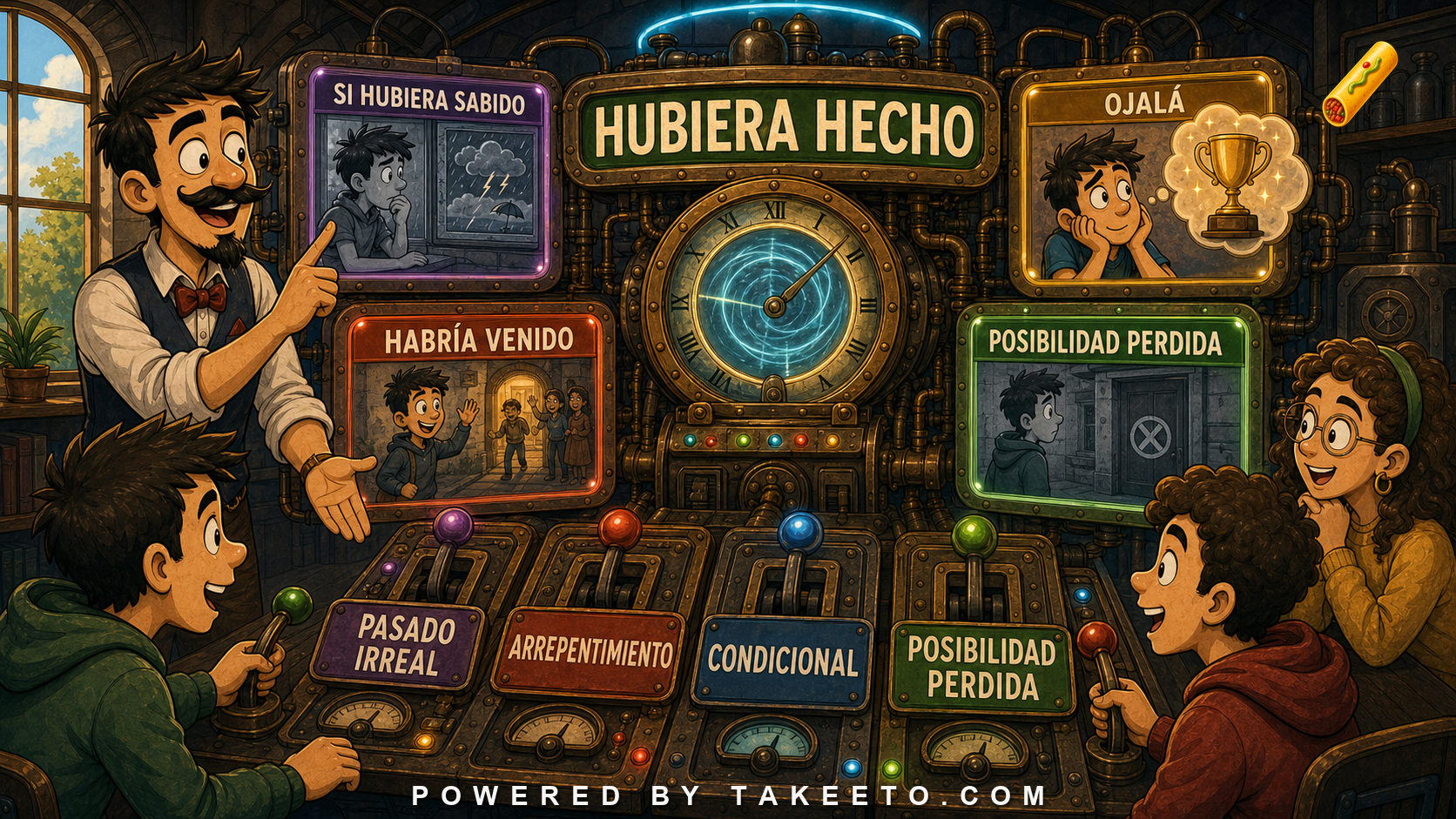 Comic Takeeto counterfactual time-machine illustration showing hubiera hecho, si hubiera sabido, habría venido, ojalá, and lost possibility.