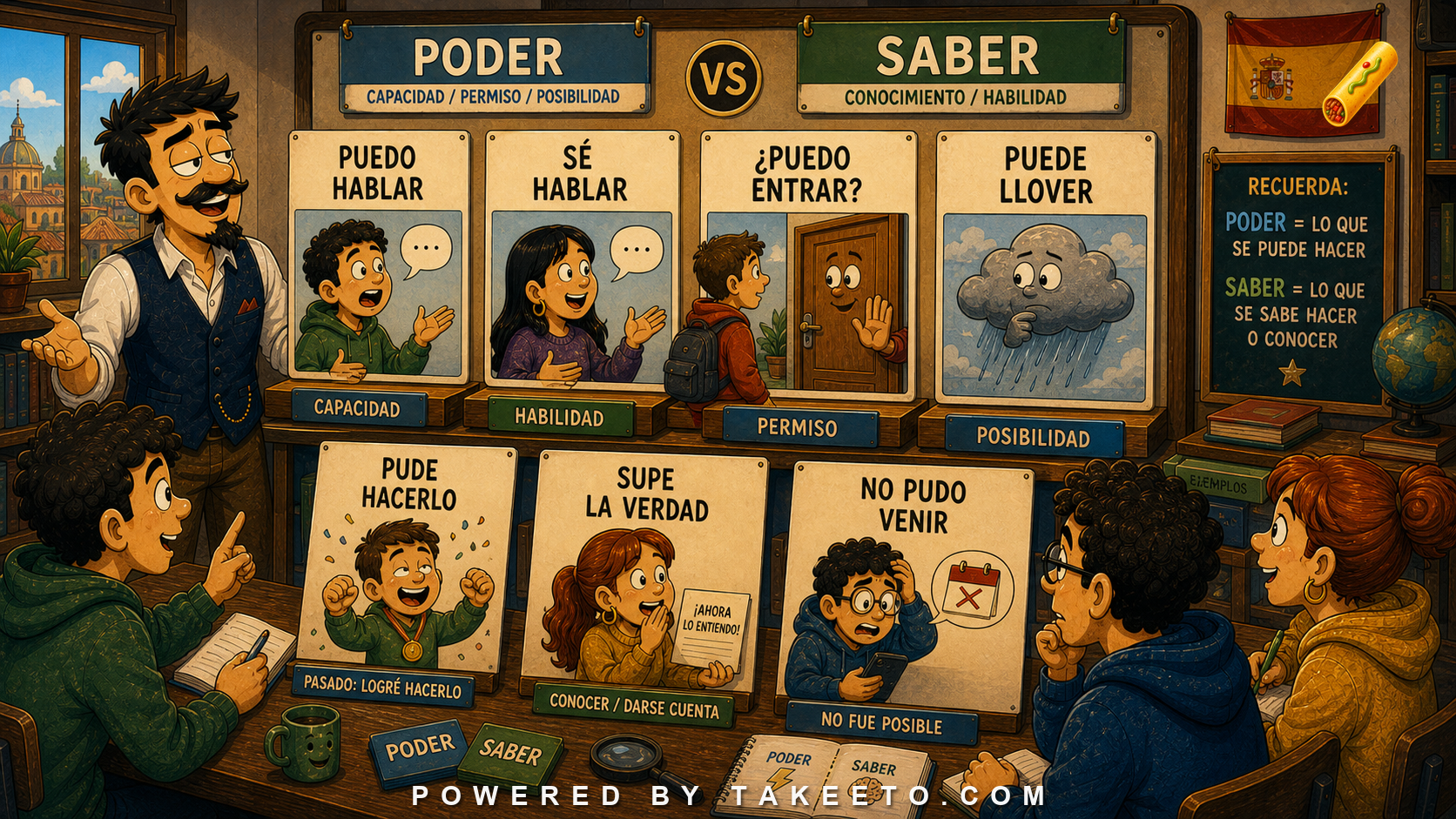 Comic Takeeto blog illustration for Poder and Saber: Ability, Permission, Possibility, and Skill, covering modality & verb semantics.