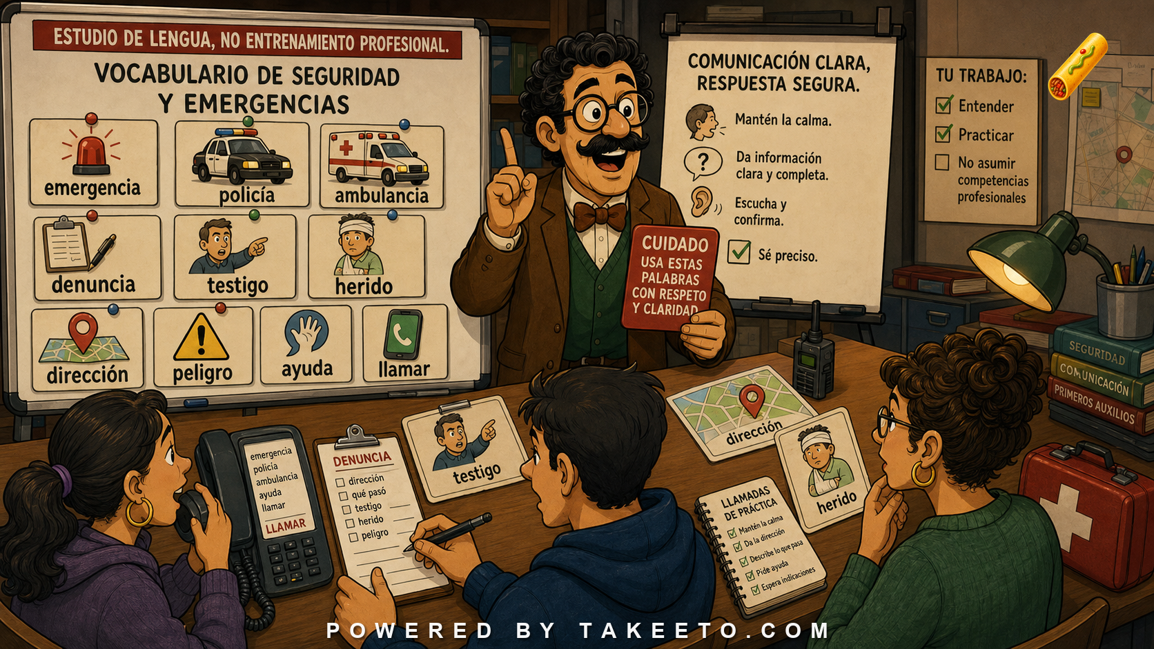 Comic Takeeto blog illustration for Police and Emergency Spanish: Caution, Reports, and Urgency, covering domain language.