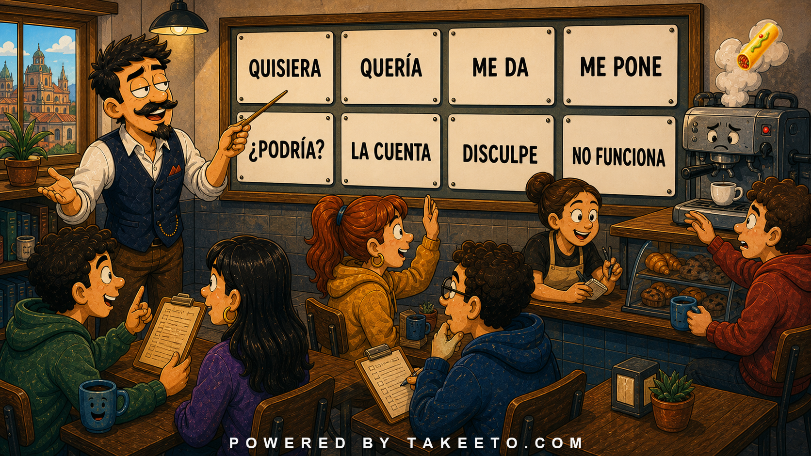 Comic Takeeto blog illustration for Polite Forms in Service Encounters: Ordering, Asking, Complaining, covering pragmatics.
