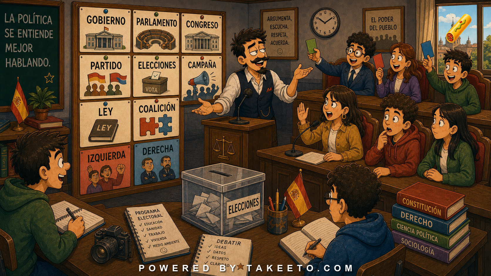Comic Takeeto blog illustration for Political Spanish: Parties, Institutions, Elections, and Ideology, covering public language.