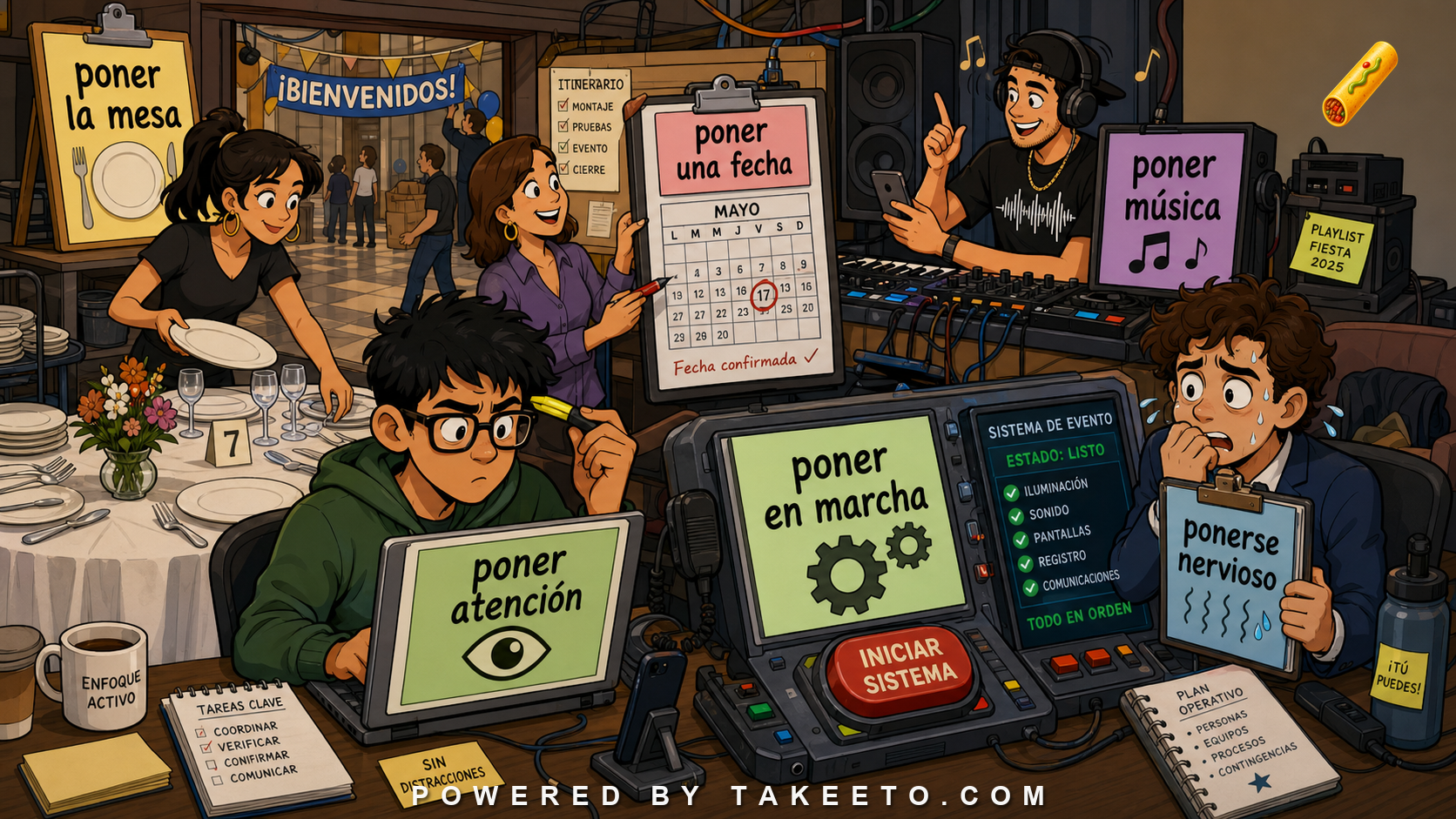 Comic Takeeto blog illustration for Poner: Placement, State Change, Media, and Institutional Language, covering verb semantics.