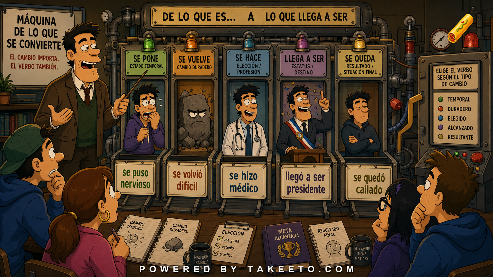 Comic Takeeto blog illustration for Ponerse, Volverse, Hacerse, Llegar a Ser: Becoming in Spanish, covering verb semantics.
