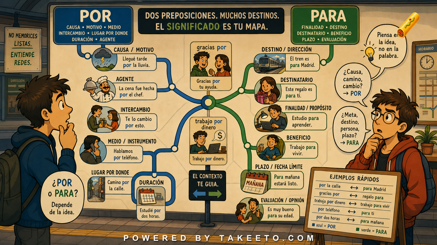 Comic Takeeto blog illustration for Por and Para: Cause, Path, Exchange, Purpose, and Evaluation, covering prepositions.