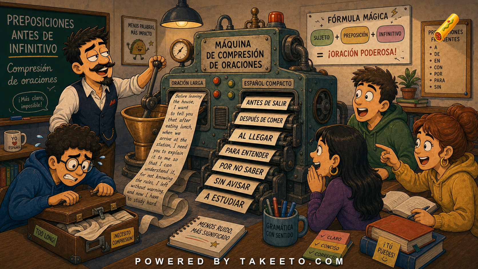Comic Takeeto blog illustration for Prepositions Before Infinitives: Spanish Clause Compression, covering syntax.