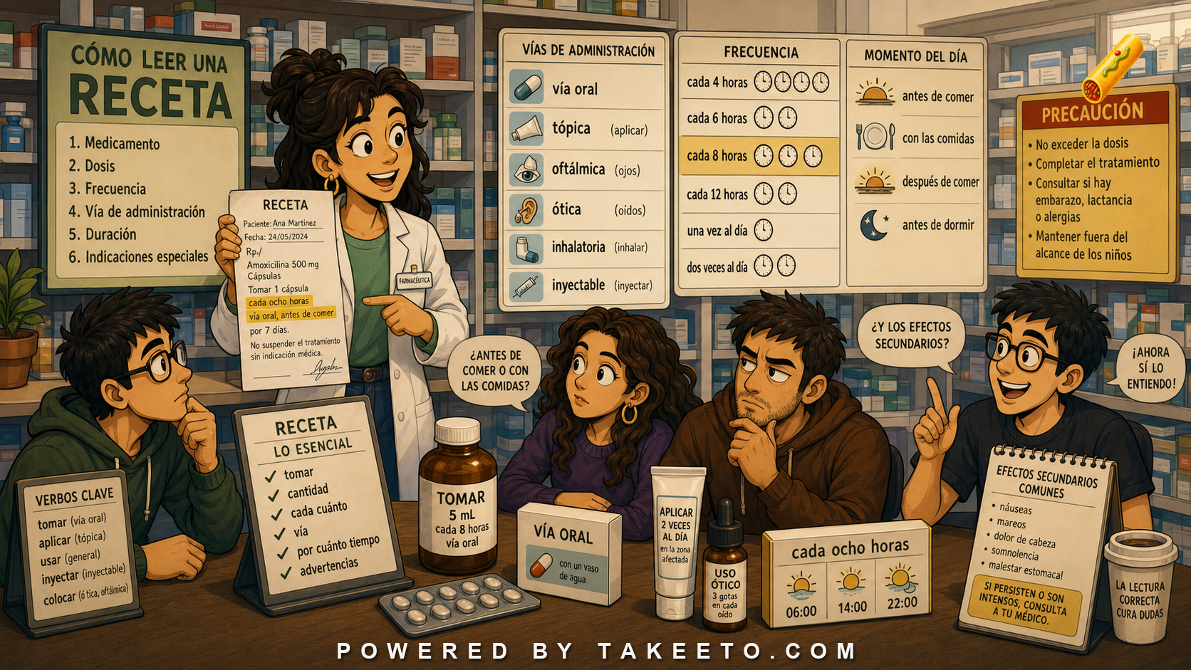 Comic Takeeto blog illustration for Prescriptions and Medication Instructions, covering medical/domain language.