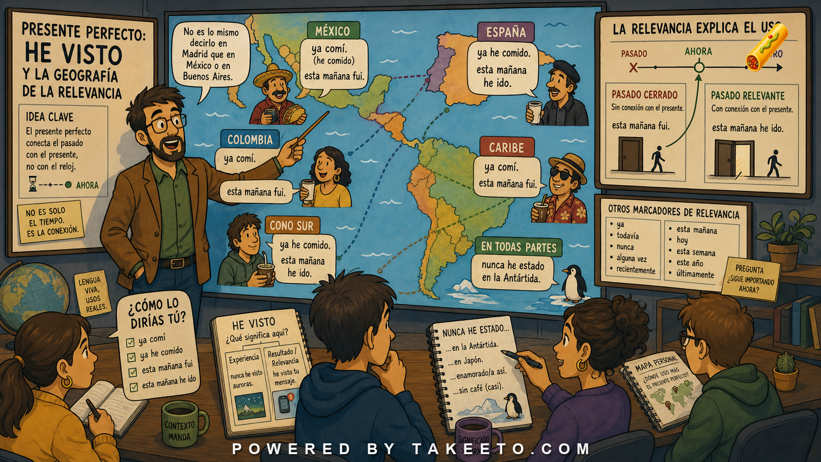 Comic Takeeto blog illustration for The Present Perfect: He Visto and the Geography of Relevance, covering tense & dialectology.