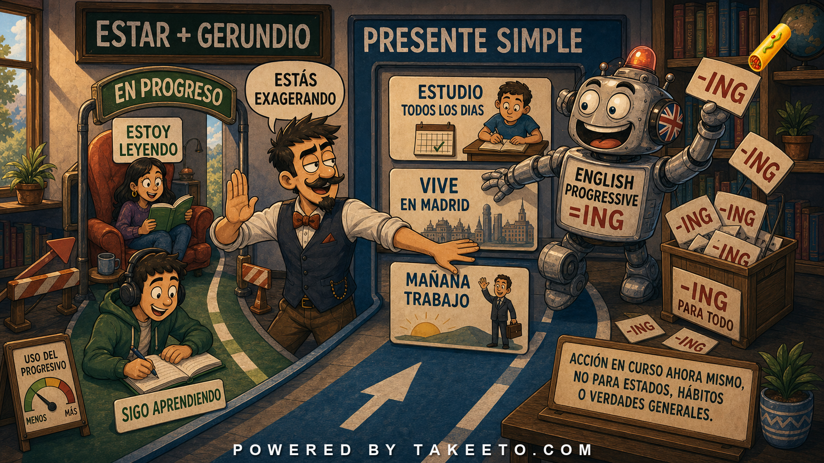 Comic Takeeto aspect classroom illustration contrasting estar plus gerundio with presente simple and English progressive overuse.