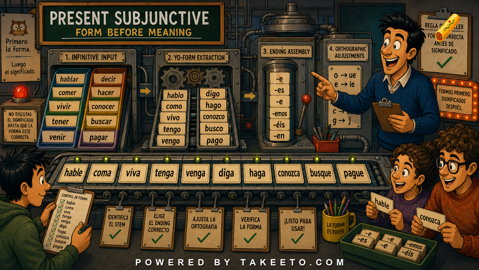 Comic Takeeto blog illustration for The Present Subjunctive: Form Before Meaning, covering verb mood.