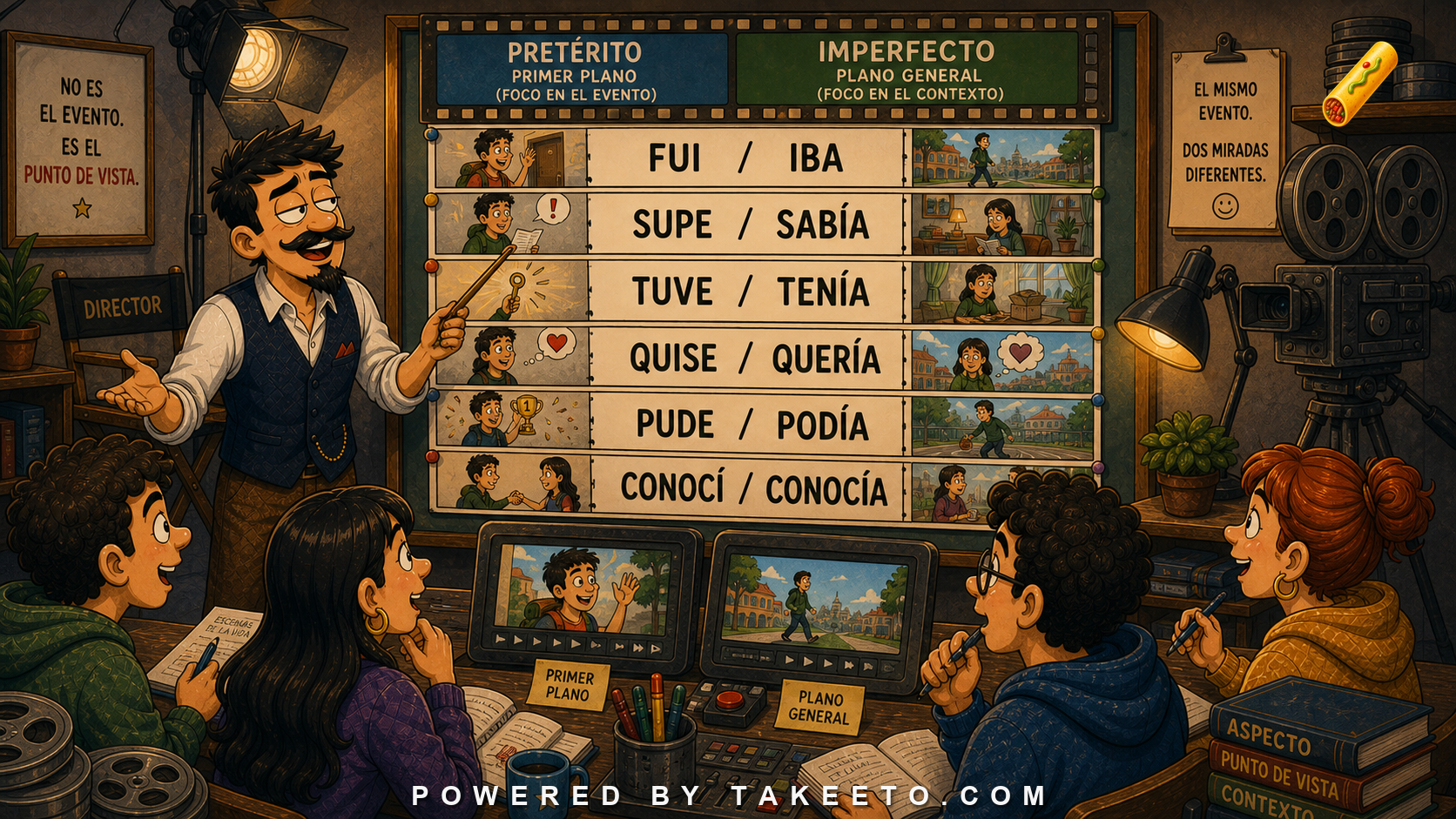 Comic Takeeto blog illustration for Preterite vs Imperfect: Viewpoint, Not Event Type, covering tense & aspect.
