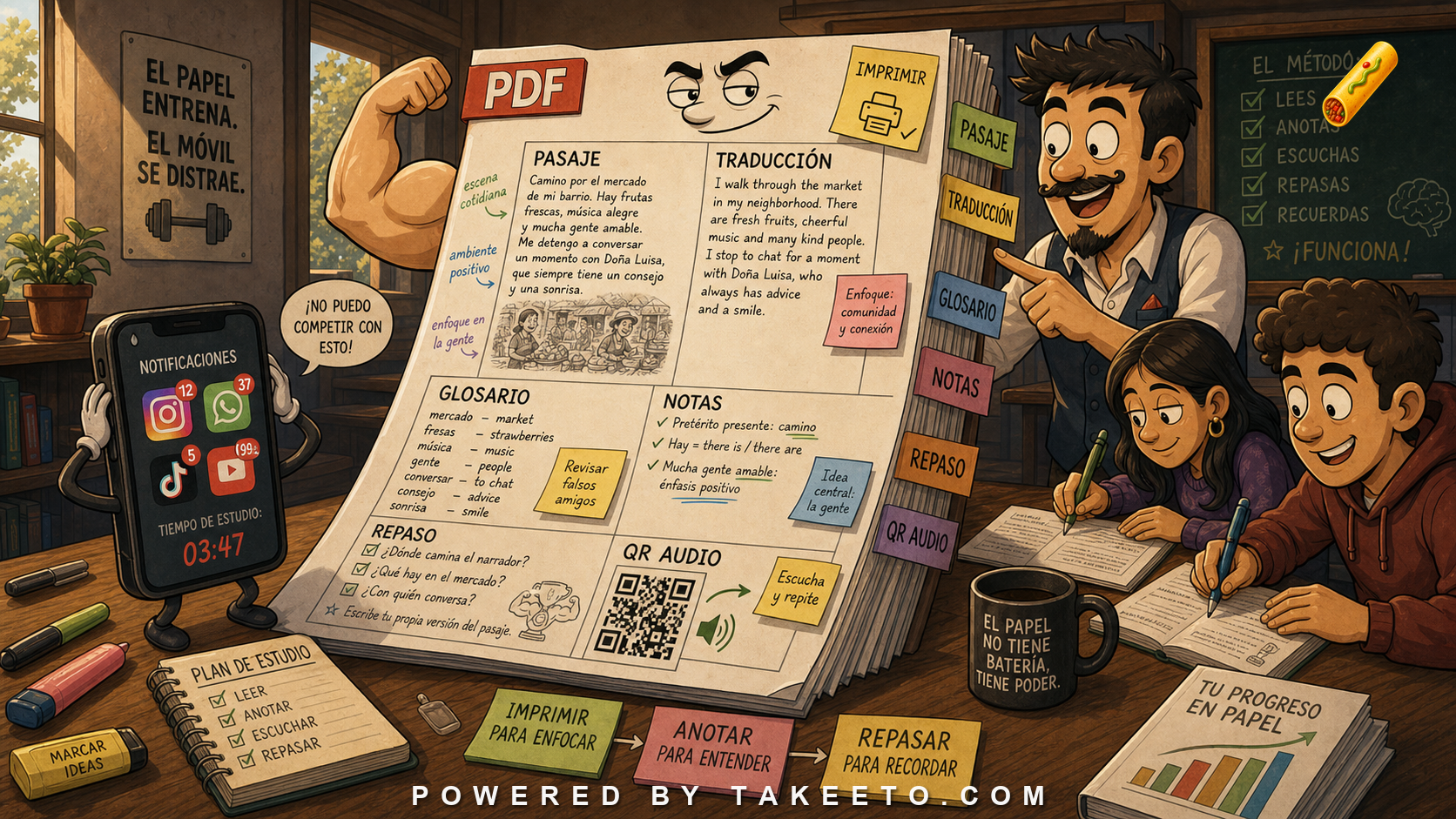 Comic Takeeto study-table illustration showing printable Spanish PDFs supporting phone learning with notes, glossary, and QR audio.