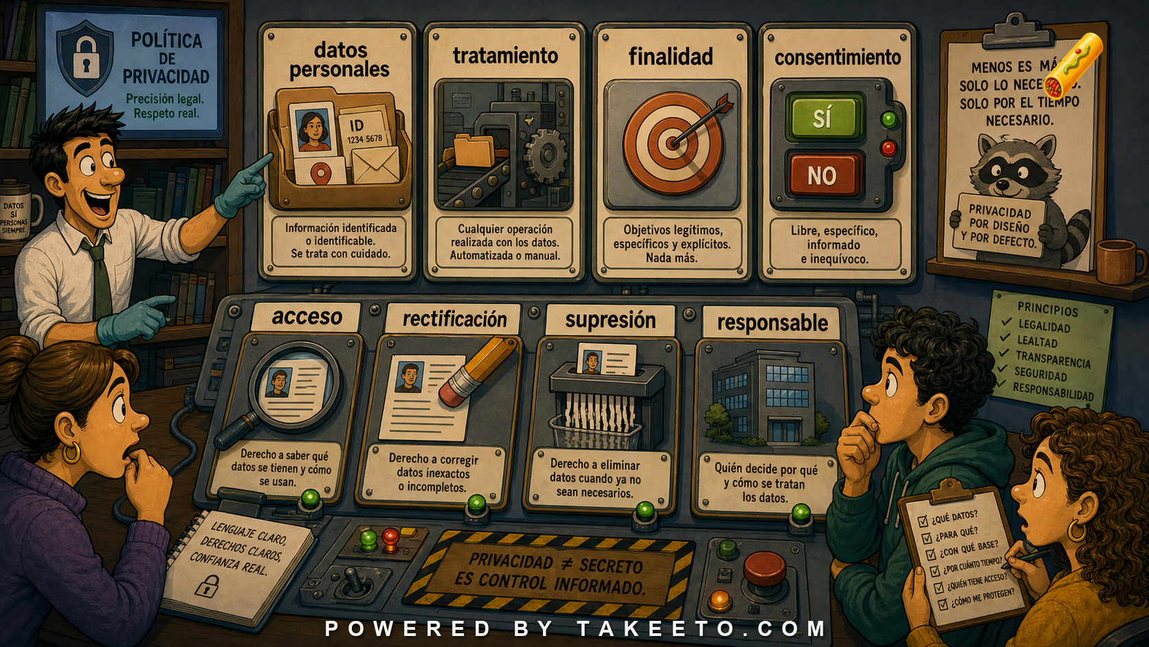 Comic Takeeto blog illustration for Privacy Policy Spanish: Datos Personales and Legal Precision, covering legal/domain language.