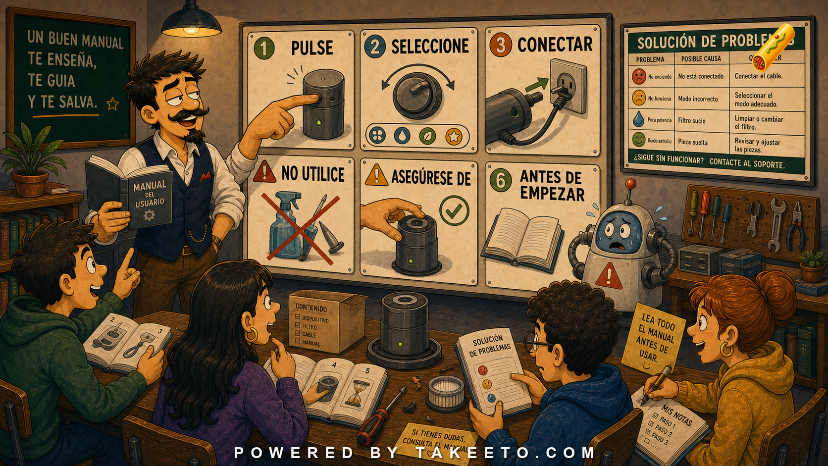 Comic Takeeto blog illustration for Product Manuals: Imperatives, Infinitives, Warnings, and Steps, covering technical writing.