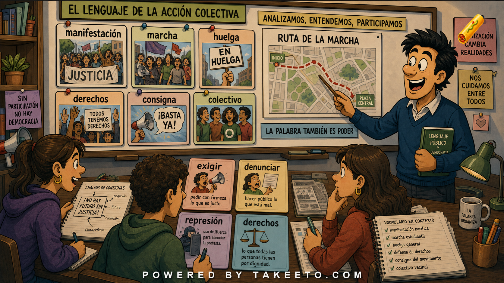 Comic Takeeto blog illustration for Protest and Social Movement Spanish, covering public discourse.