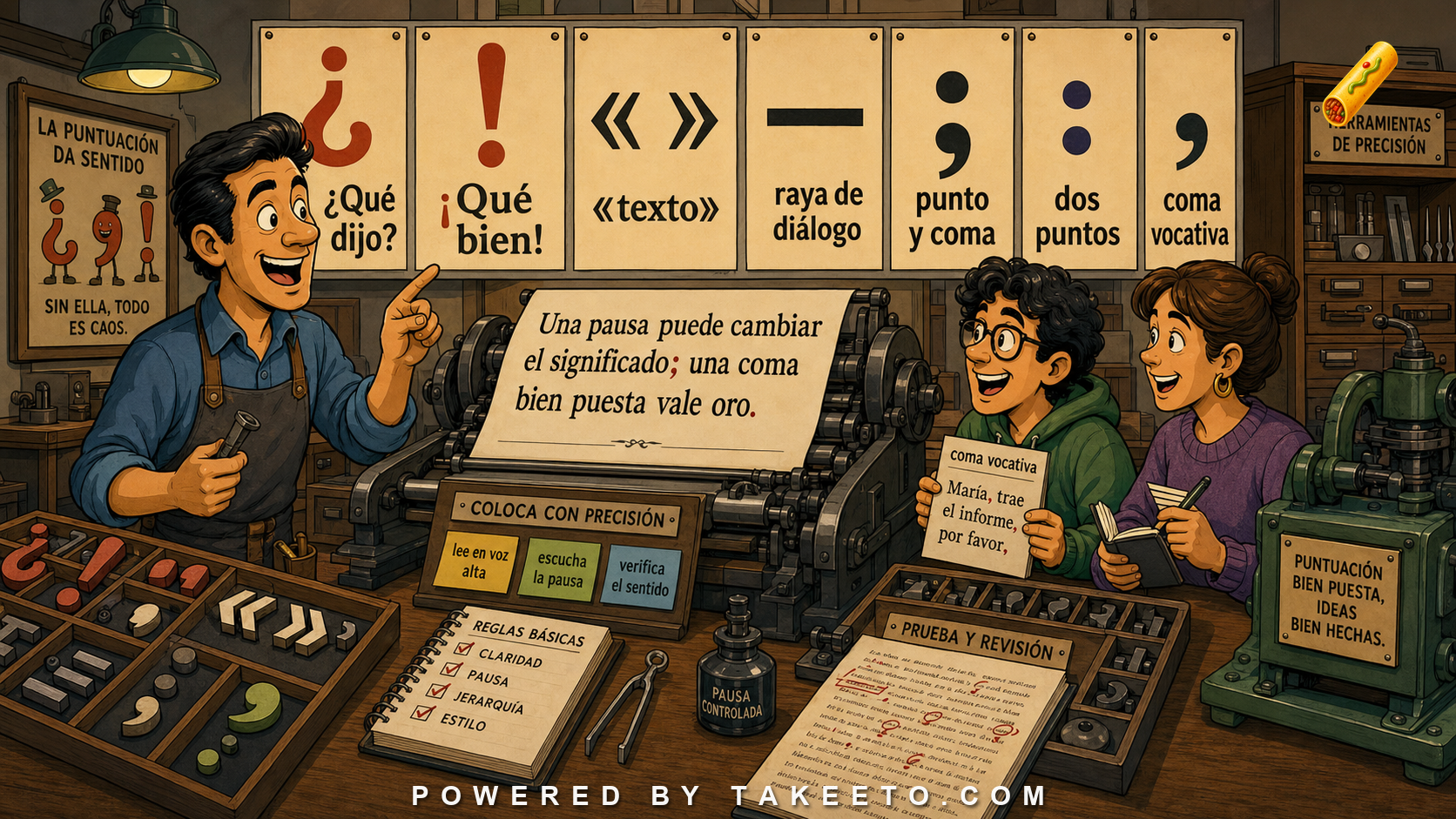 Comic Takeeto blog illustration for Punctuation in Spanish: Commas, Semicolons, Dashes, and Quotation Marks, covering orthography & style.
