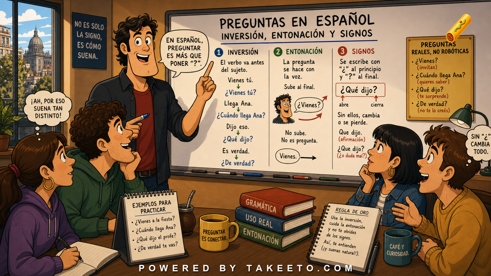 Comic Takeeto blog illustration for Questions in Spanish: Inversion, Intonation, and Written Question Marks, covering syntax & orthography.