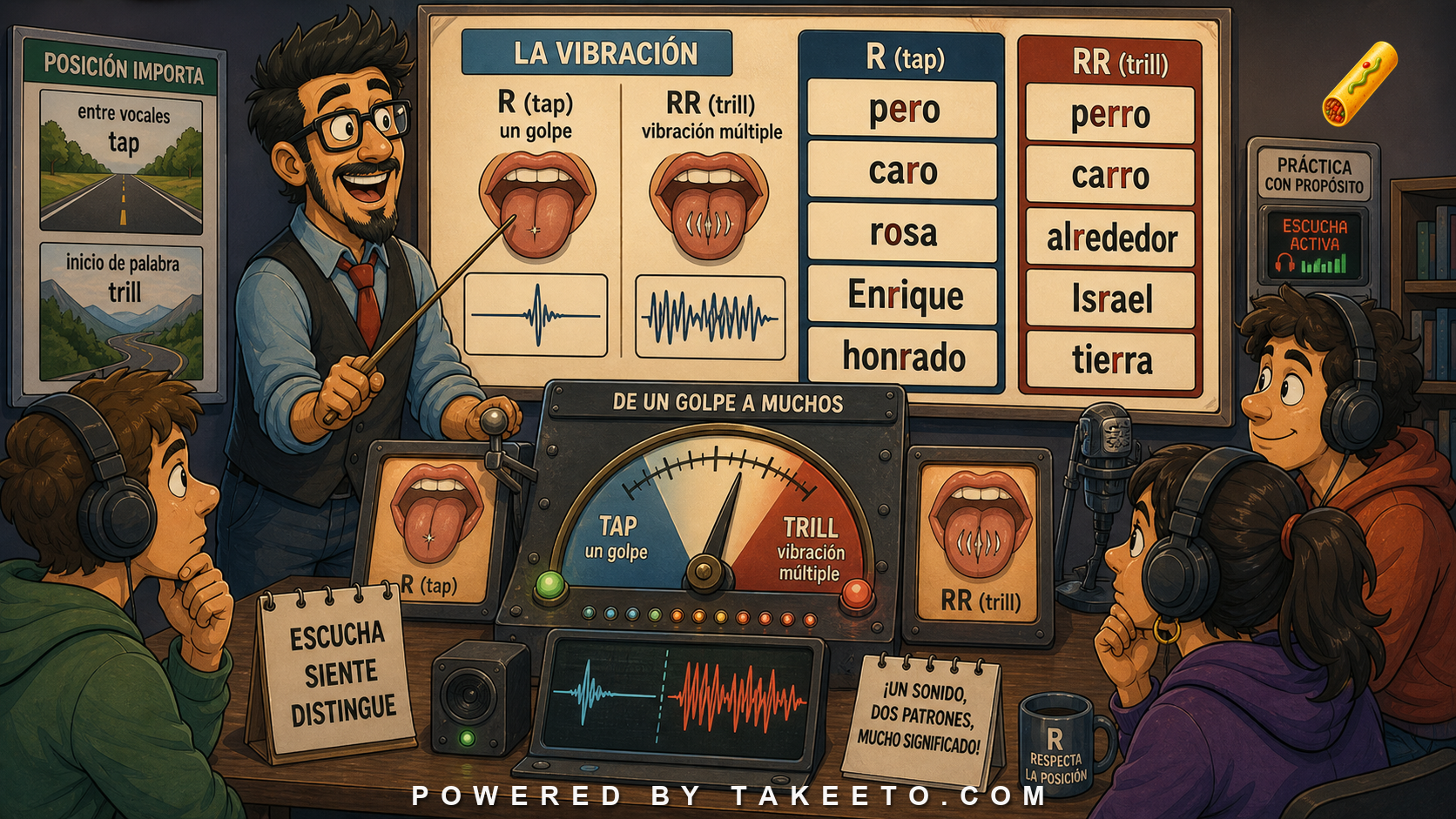 Comic Takeeto blog illustration for R and RR: The Tap, the Trill, and the Boundary Between Them, covering phonetics.