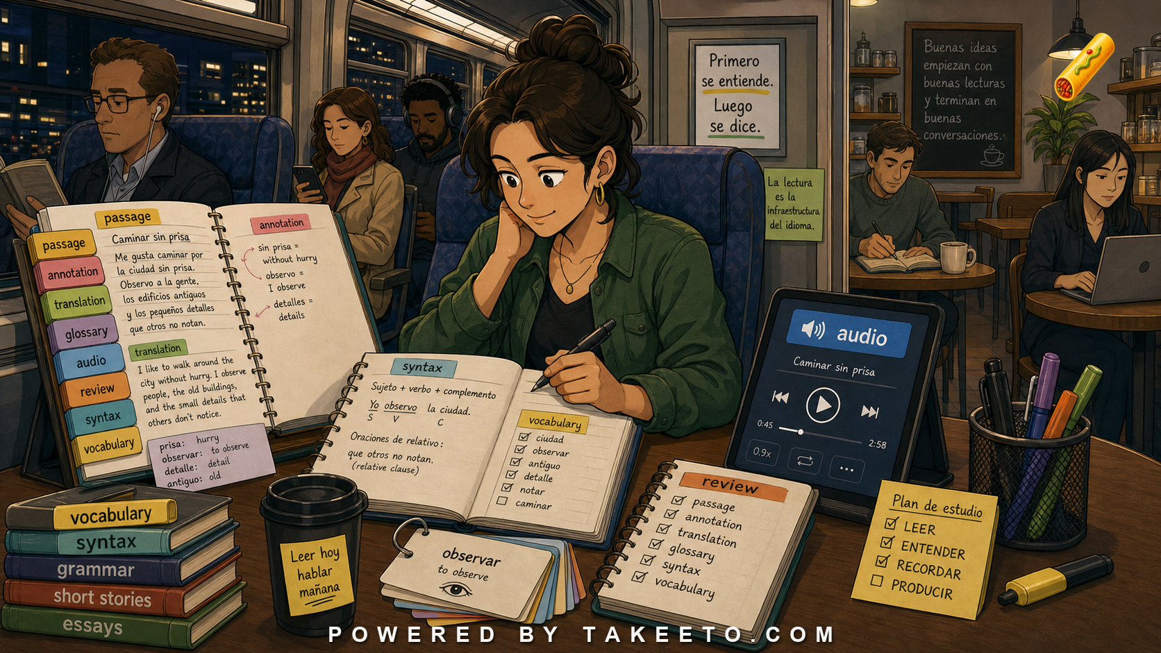 Comic Takeeto blog illustration for Reading Spanish Before Speaking It: A Serious Path for Adult Learners, covering pedagogy.