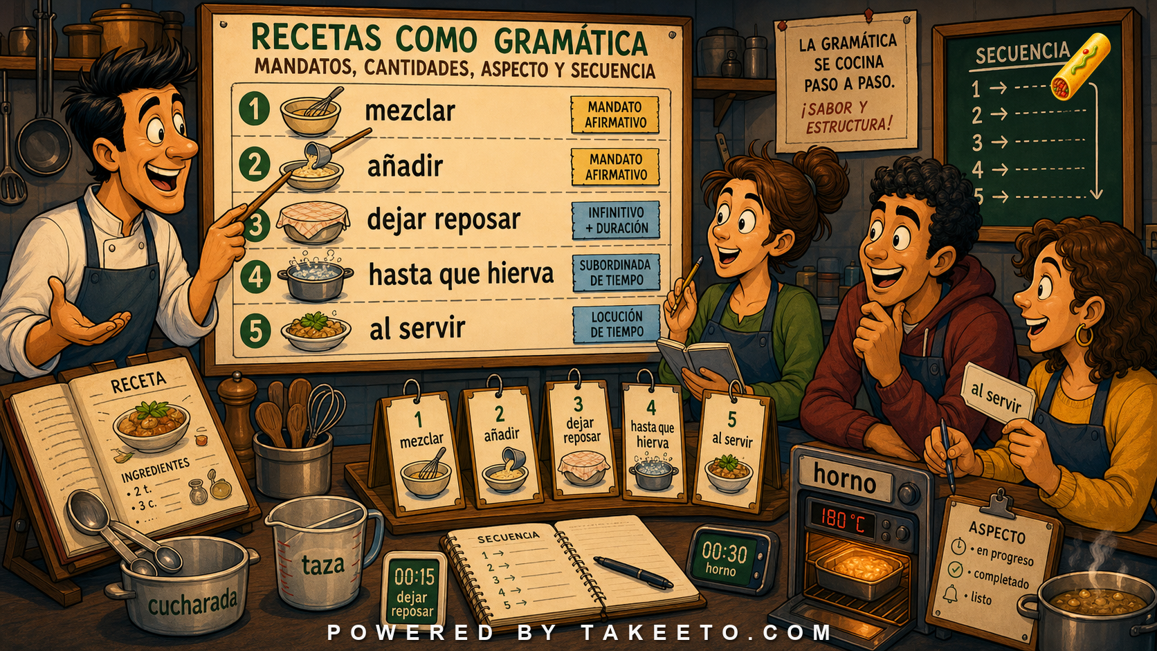Comic Takeeto blog illustration for Recipes as Grammar: Commands, Quantities, Aspect, and Sequence, covering food/domain language.