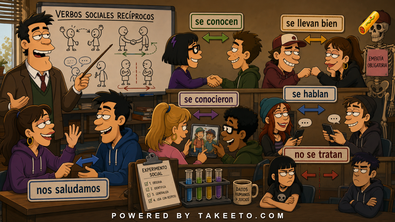Comic Takeeto blog illustration for Reciprocal Social Verbs: Saludarse, Conocerse, Llevarse Bien, covering verb semantics & interaction.