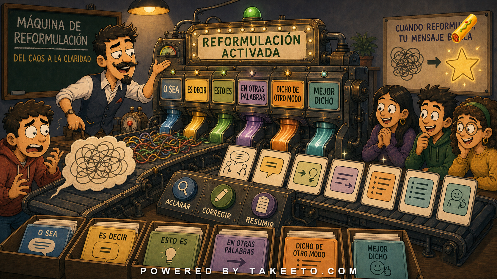 Comic Takeeto reformulation machine illustration sorting o sea, es decir, esto es, en otras palabras, dicho de otro modo, and mejor dicho.