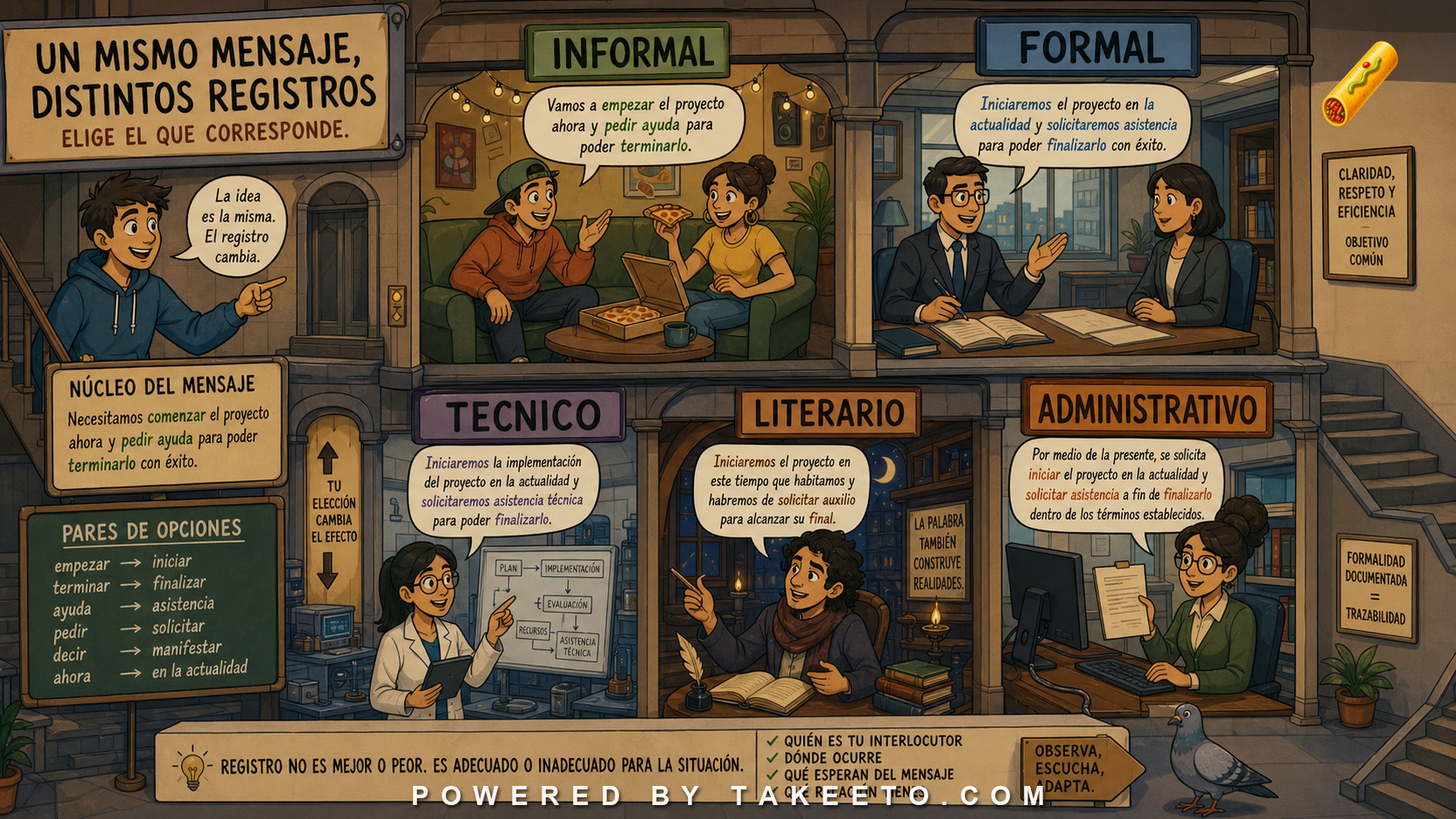 Comic Takeeto blog illustration for Register in Spanish: Formal, Informal, Technical, Literary, and Administrative, covering sociolinguistics & style.