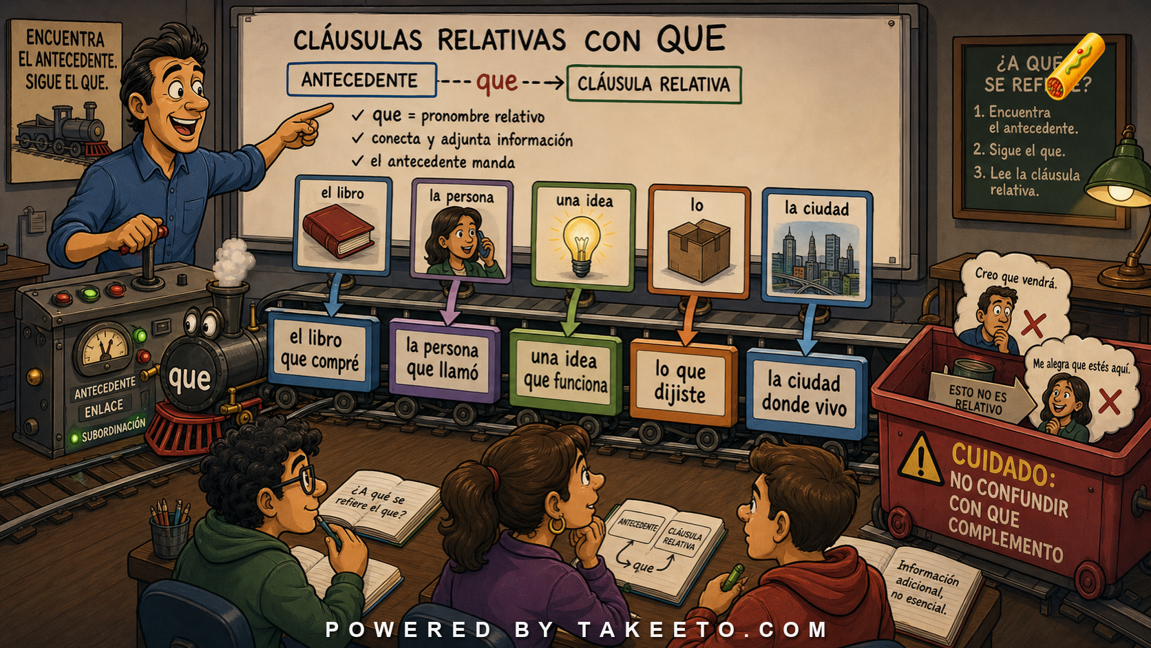Comic Takeeto blog illustration for Relative Clauses with Que: The Workhorse of Spanish Subordination, covering syntax.