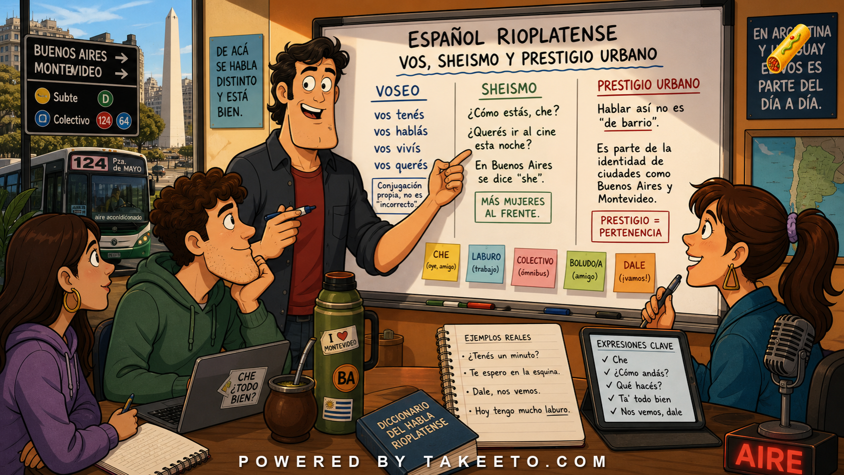 Comic Takeeto blog illustration for Rioplatense Spanish: Voseo, Sheísmo, and Urban Prestige, covering dialectology.