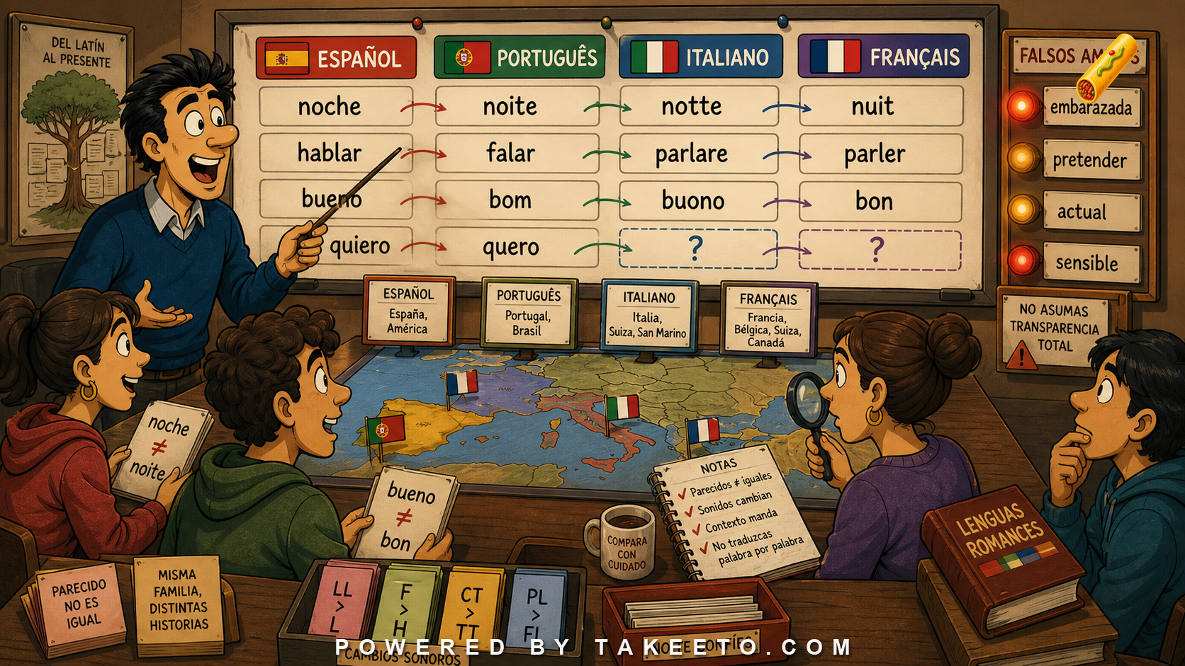 Comic Takeeto blog illustration for Romance Comparison: Spanish, Portuguese, French, Italian, covering comparative romance.