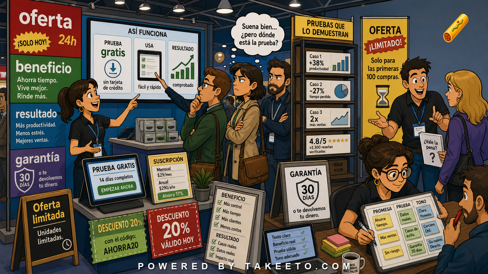 Comic Takeeto blog illustration for Sales and Marketing Spanish: Claims, Benefits, Proof, and Tone, covering business discourse.