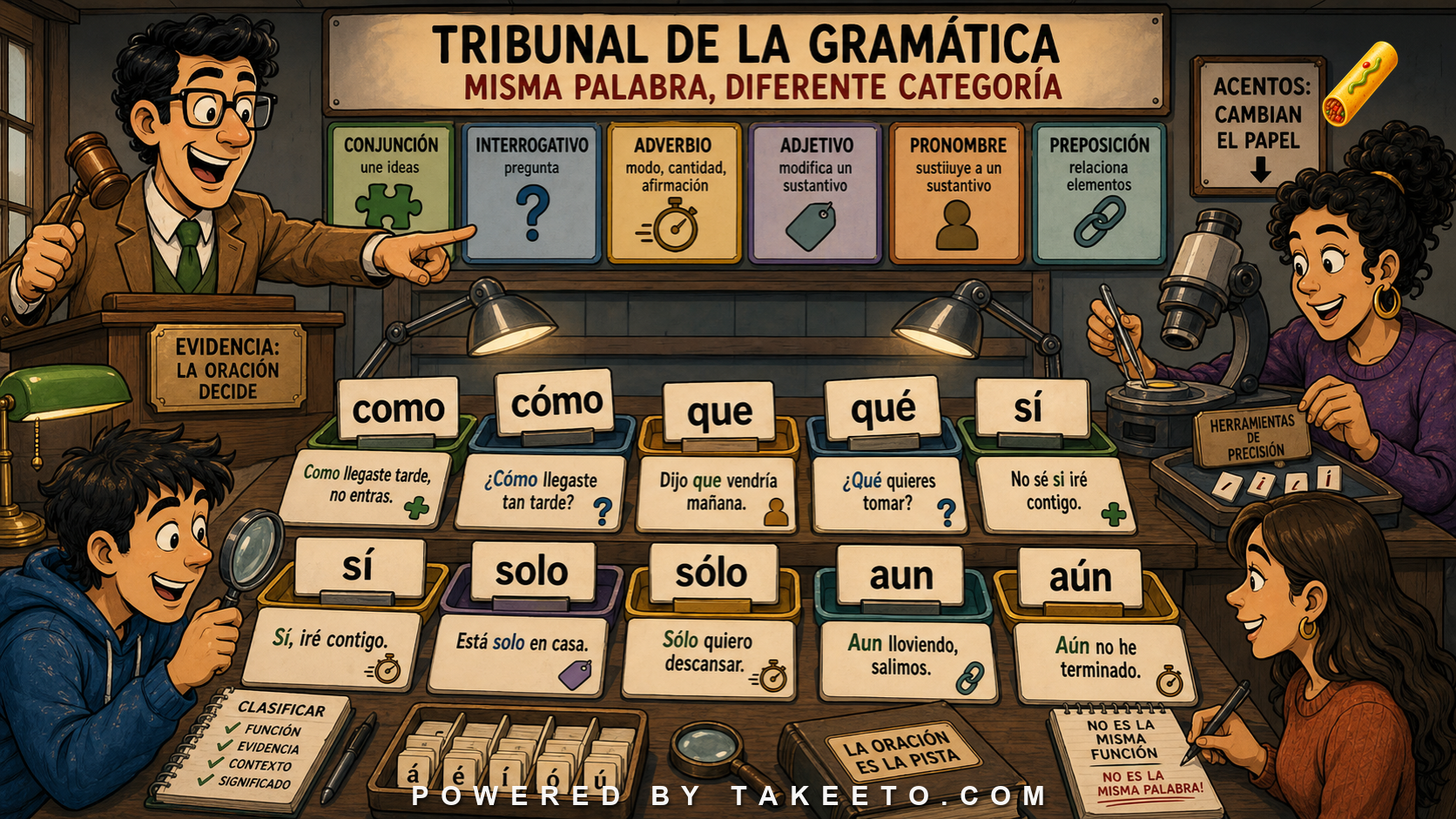 Comic Takeeto blog illustration for Same Word, Different Category: Como, Que, Si, Solo, covering grammar analysis.
