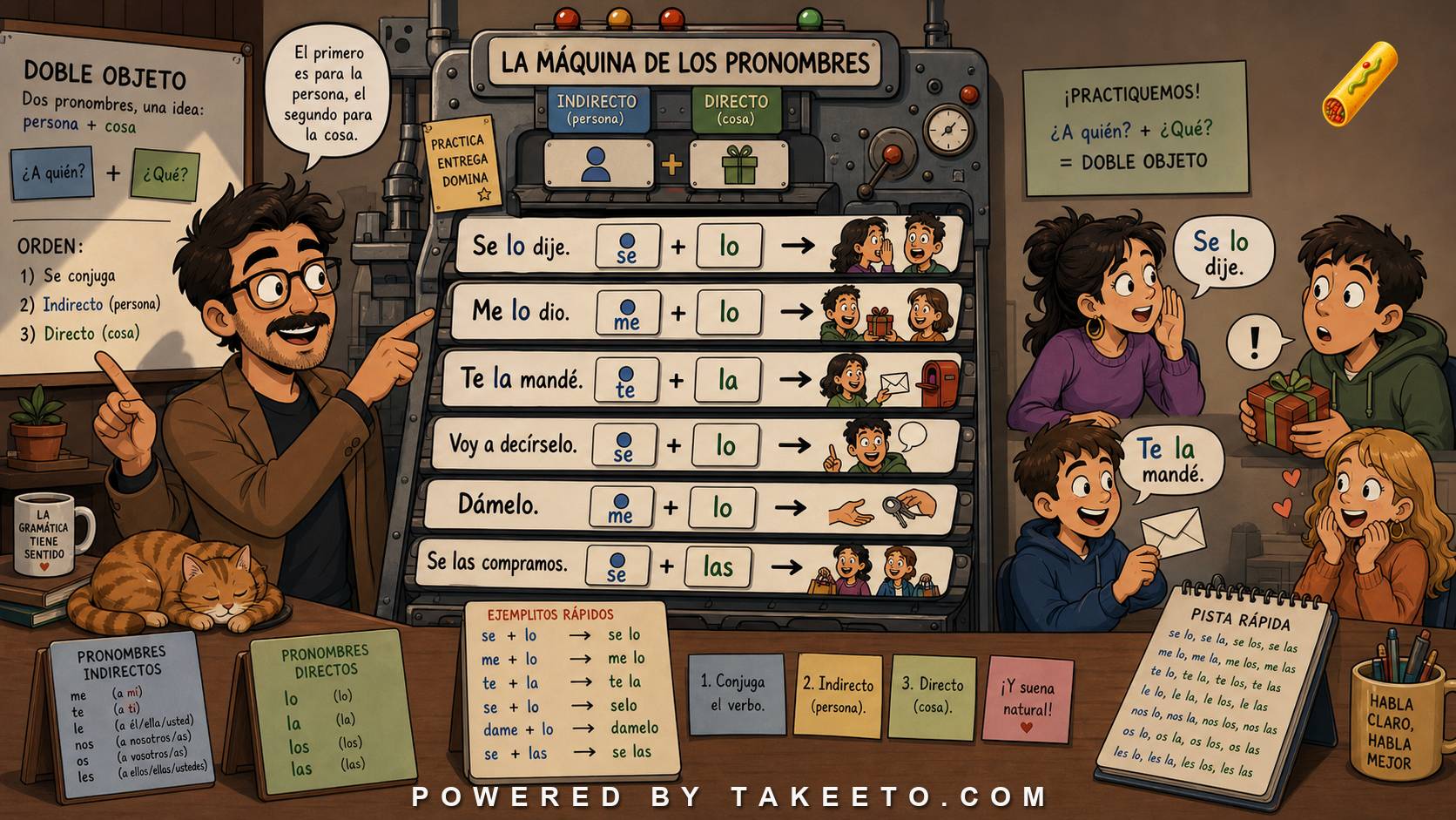 Comic Takeeto blog illustration for Se Lo Dije: Double Object Pronouns and Pronoun Order, covering pronouns & syntax.