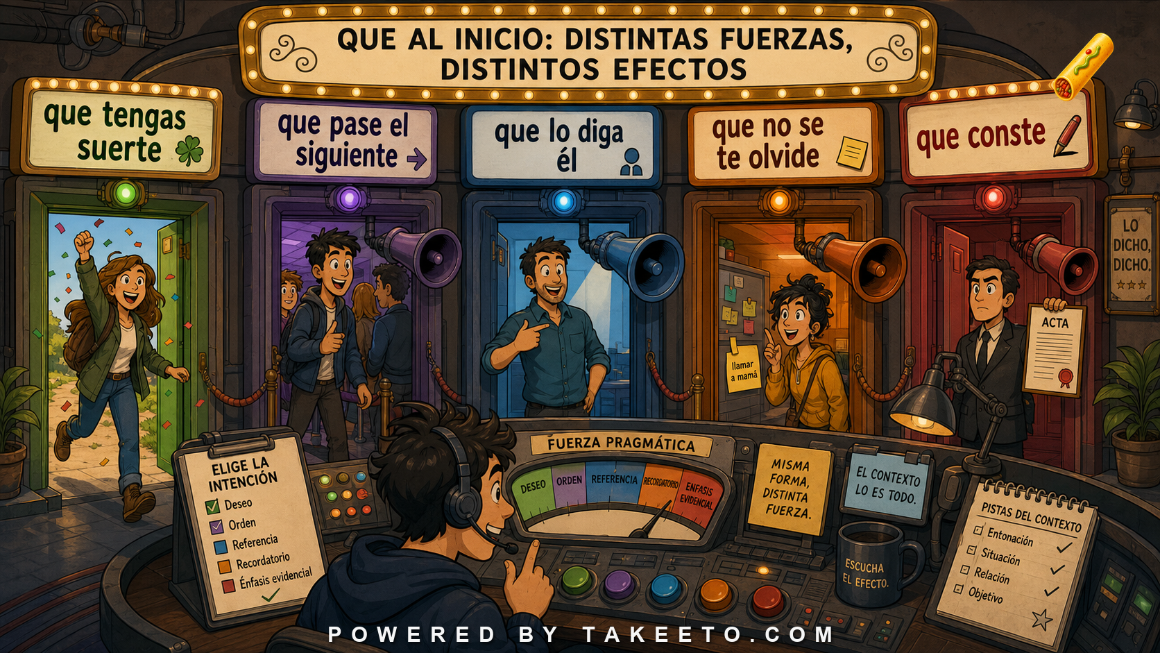 Comic Takeeto blog illustration for Que at the Beginning of Sentences: Wishes, Commands, and Echoes, covering syntax & pragmatics.
