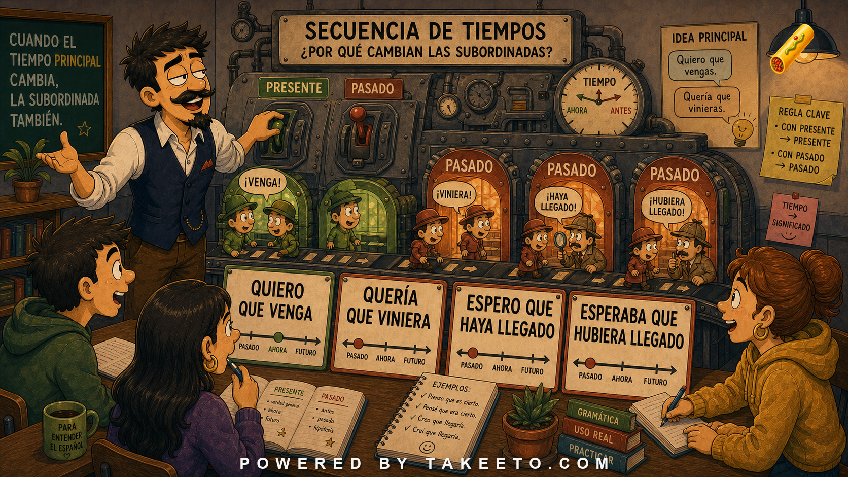 Comic Takeeto blog illustration for Sequence of Tenses: Why Spanish Subordinate Clauses Shift, covering syntax & tense.
