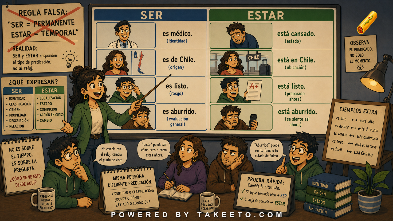 Comic Takeeto blog illustration for Ser and Estar: Classification, State, and the Limits of the Permanent/Temporary Rule, covering core grammar.