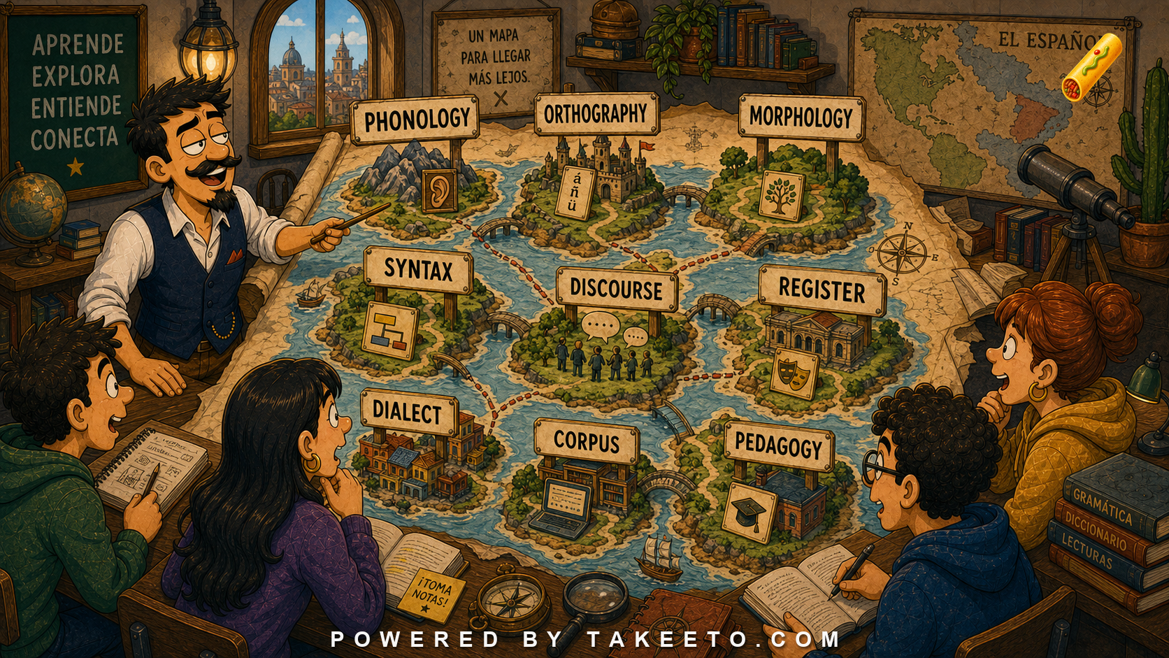 Comic Takeeto blog illustration for The Serious Spanish Learner's Map: Sound, Structure, Use, History, Text, covering synthesis.