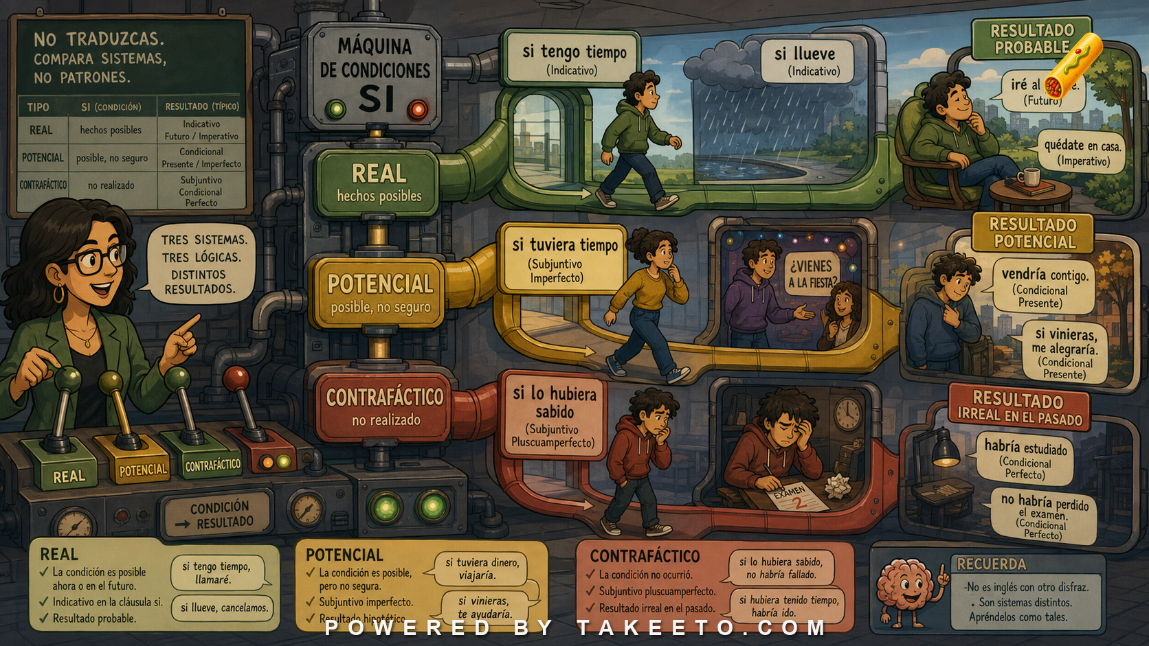 Comic Takeeto blog illustration for Si Clauses: Real, Potential, and Counterfactual Conditions, covering mood & conditionals.