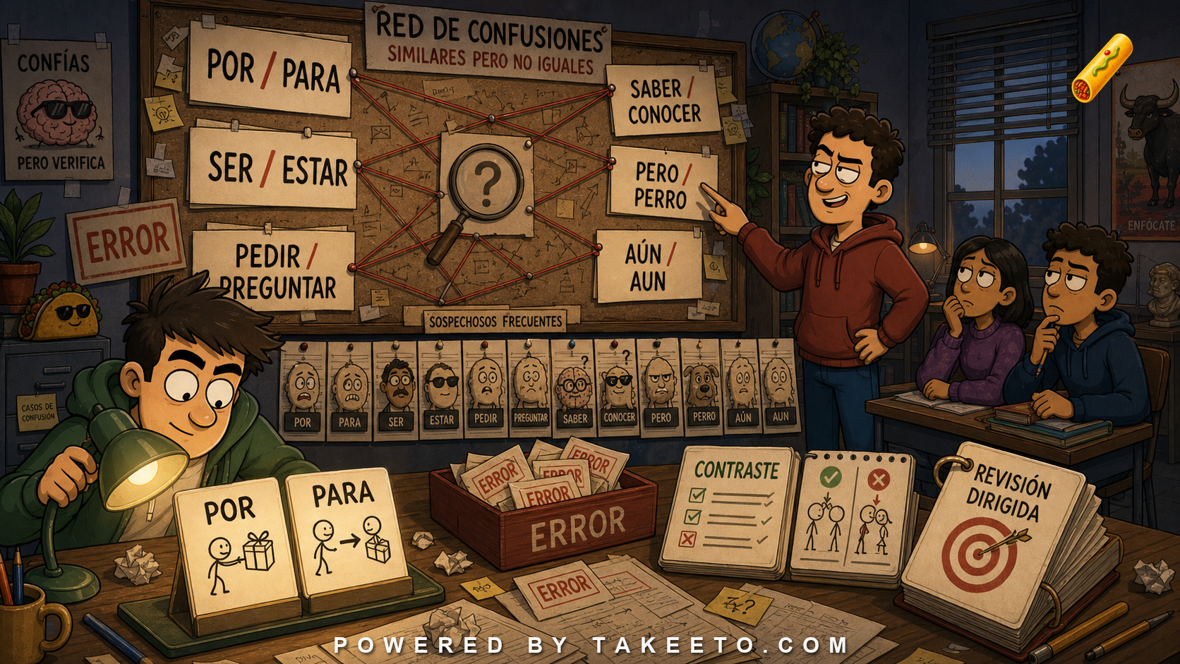 Comic Takeeto Spanish study lab illustration showing contrastive review pairs connected on a confusion board.