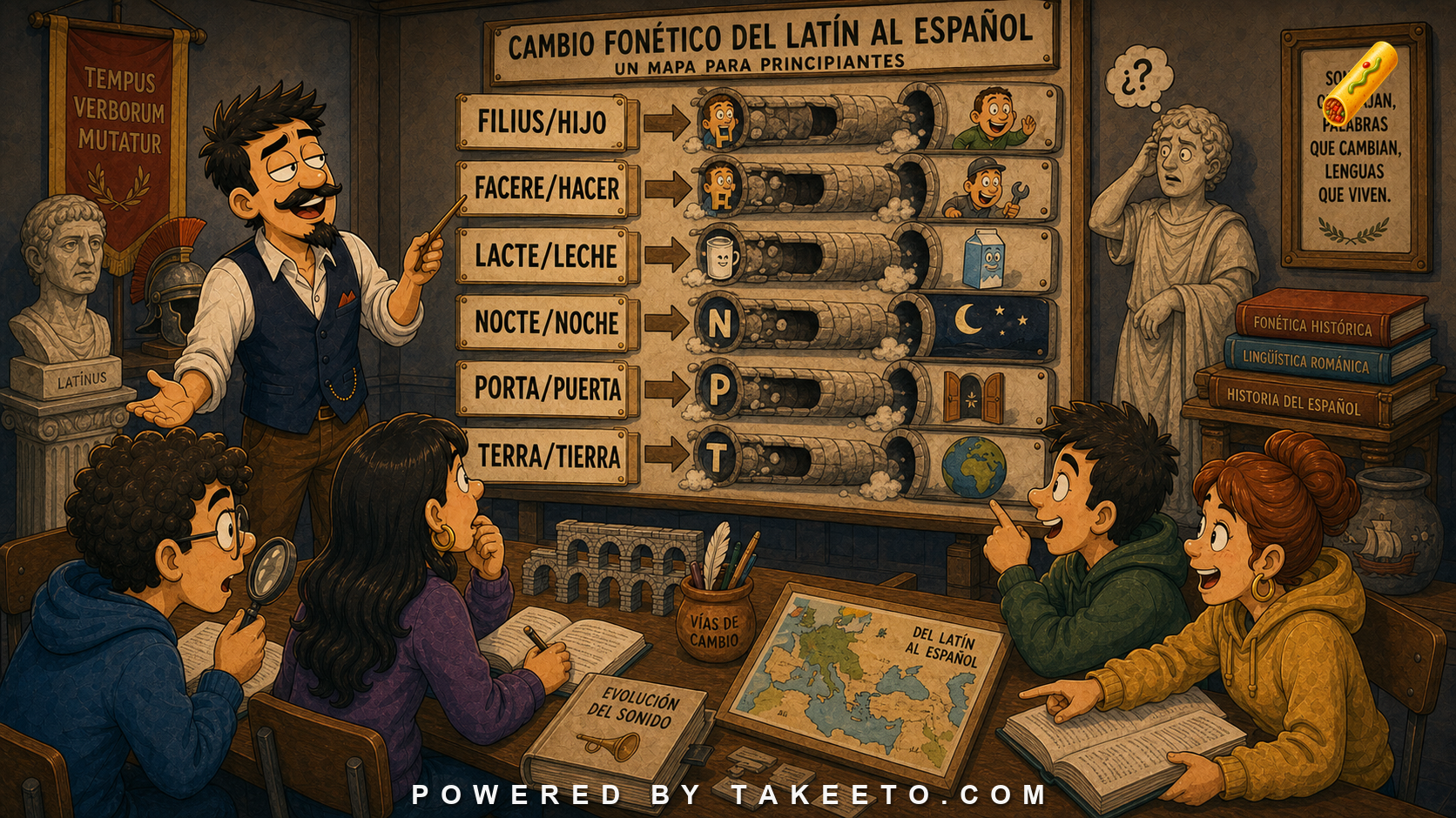 Comic Takeeto blog illustration for Sound Change from Latin to Spanish: A Learner’s First Map, covering historical phonology.
