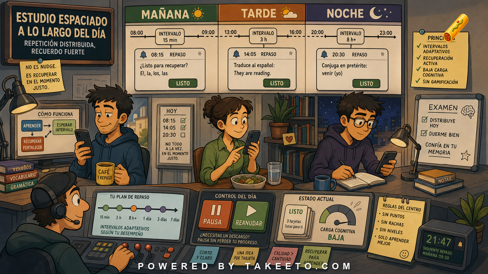 Comic Takeeto blog illustration for Spaced Study Across the Day: Notifications Without Gamification, covering learning science & product.