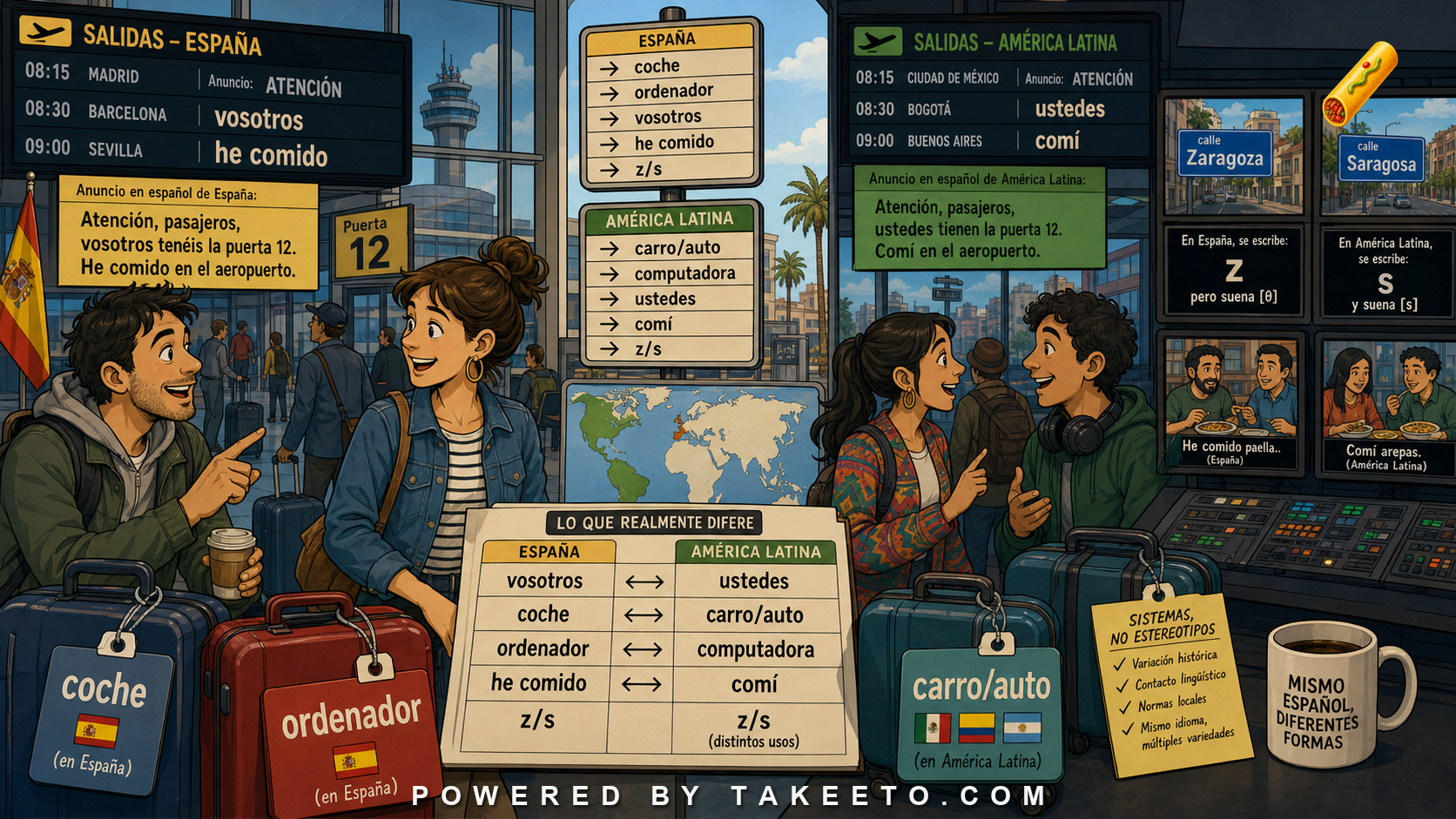 Comic Takeeto blog illustration for Spain Spanish and Latin American Spanish: What Actually Differs, covering dialectology.