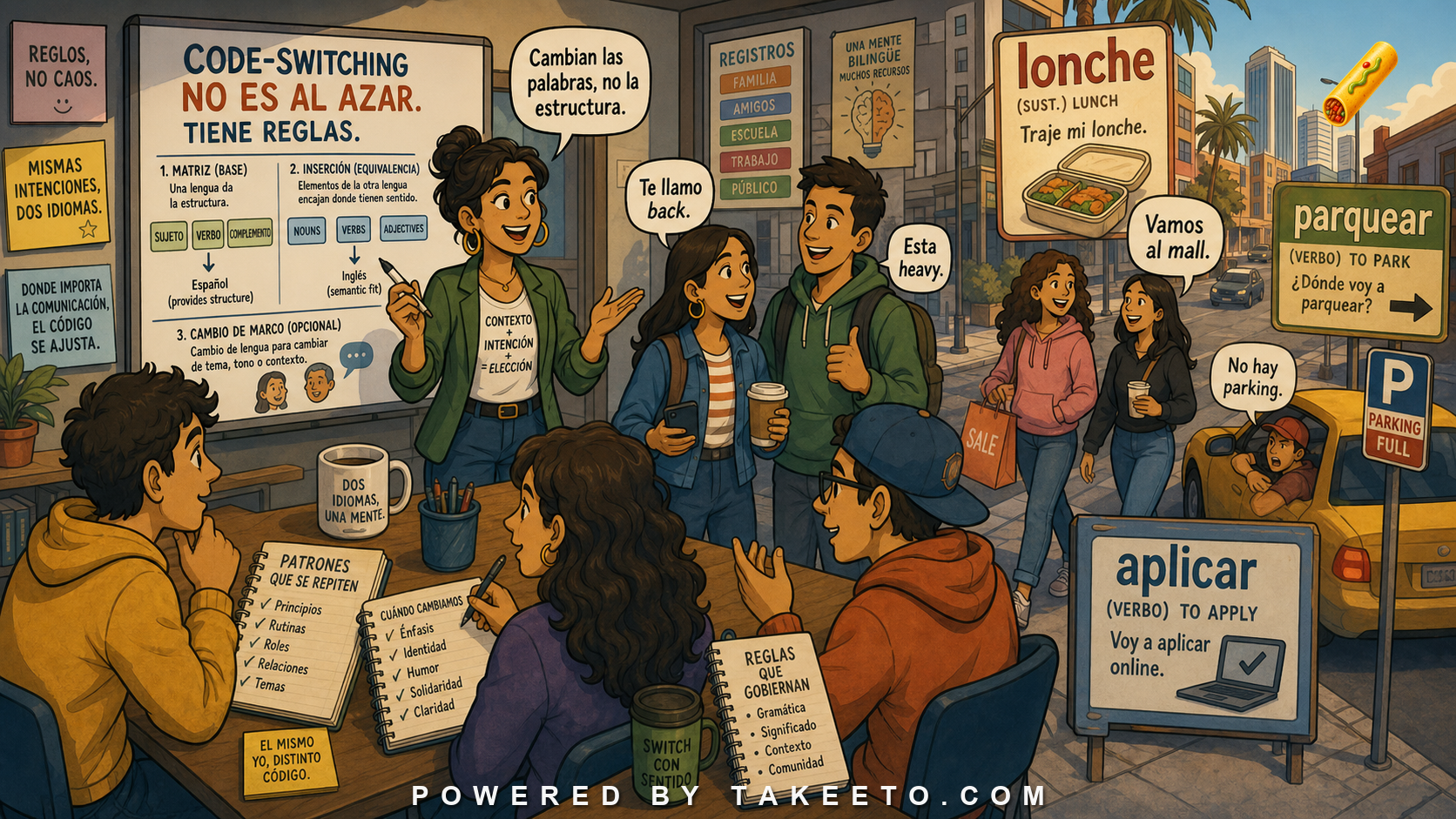 Comic Takeeto blog illustration for Spanglish and Code-Switching: Grammar, Not Random Mixing, covering contact linguistics.
