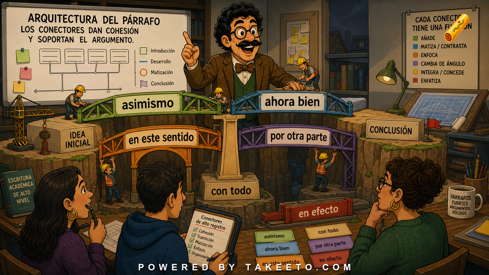 Comic Takeeto blog illustration for Spanish Abstract Connectors: Asimismo, Ahora Bien, En Este Sentido, covering academic discourse.