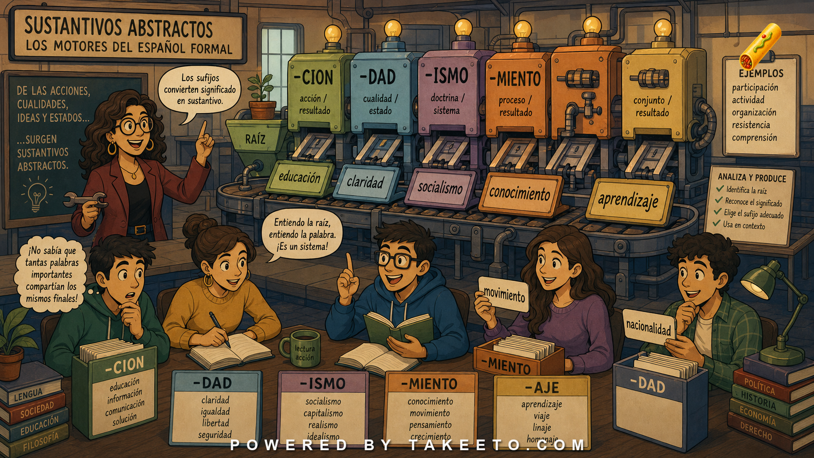 Comic Takeeto blog illustration for Spanish Abstract Nouns: -ción, -dad, -ismo, -miento, -aje, covering morphology & academic vocabulary.
