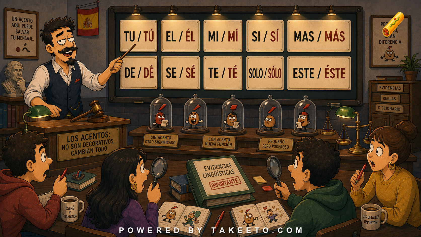 Comic Takeeto blog illustration for Spanish Accent Marks as Grammar: Más/Mas, Sí/Si, Él/El, covering orthography & grammar.