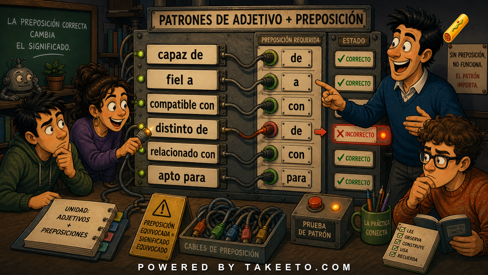 Comic Takeeto blog illustration for Spanish Adjective Complements: Capaz De, Fiel A, Compatible Con, covering grammar & vocabulary.